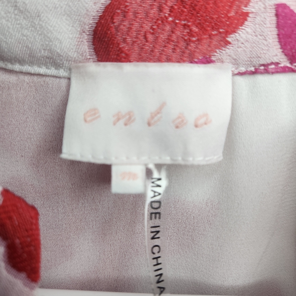 entro White Floral Puff Sleeve Blouse with Pink and Coral Flowers Medium - Picture 7 of 10